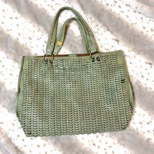 Anthropologie Beach Front Tote Bag Perforated Cut Out Faux Leather Green